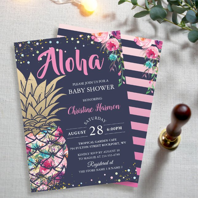 Invitación Pink Gold Pineapple Floral Naval Azul Baby Shower (Subido por el creador)