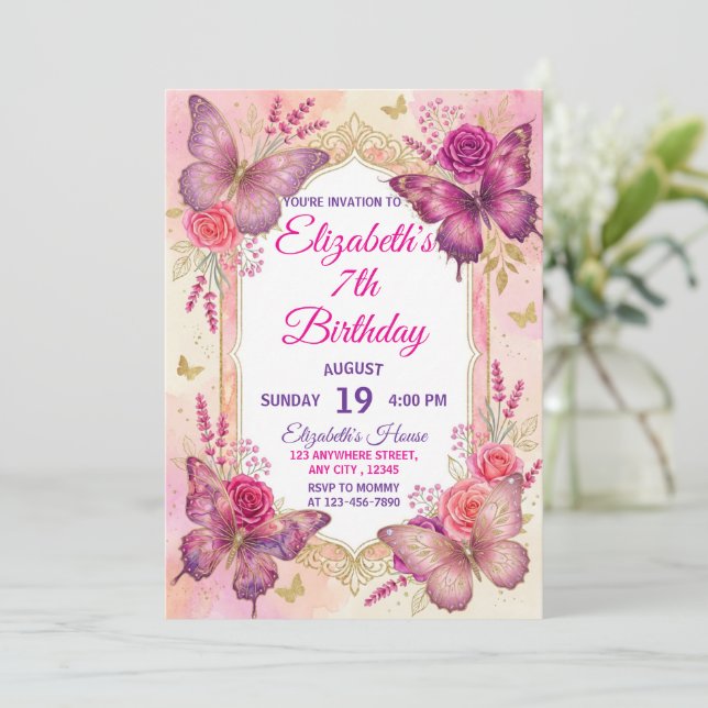 Invitación Pink gold purple elegant butterfly girl birthday  (Anverso de pie)