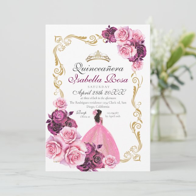 Invitación Pink Gold Rose Floral Quinceanera XV Años (Anverso de pie)