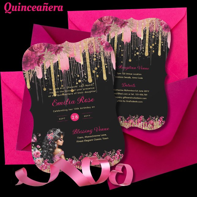 Invitación PINK Gold Sparkles Quinceanera Vestidos Rosas Flor (Subido por el creador)
