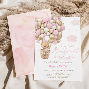Invitación Pink Gold Teddy Bear Hot Air Balloon Baby Shower
