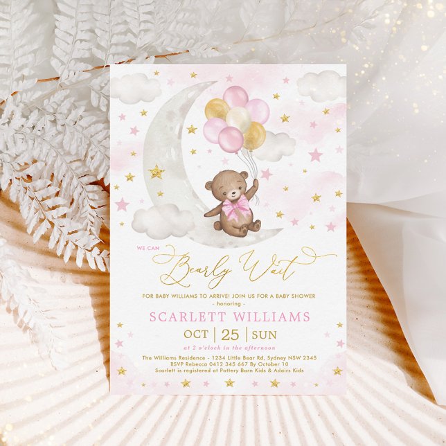 Invitación Pink Gold Teddy Bear Moon Stars Baby Girl Shower (Subido por el creador)