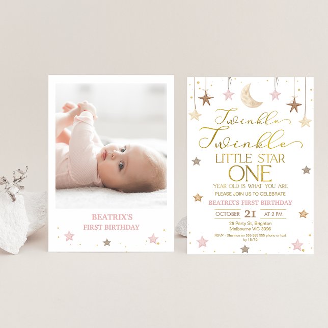 Invitación Pink Gold Twinkle Little Star Photo Birday (Twinkle twinkle little star girl's birthday invitation featuring some faux gold text and a photo.)