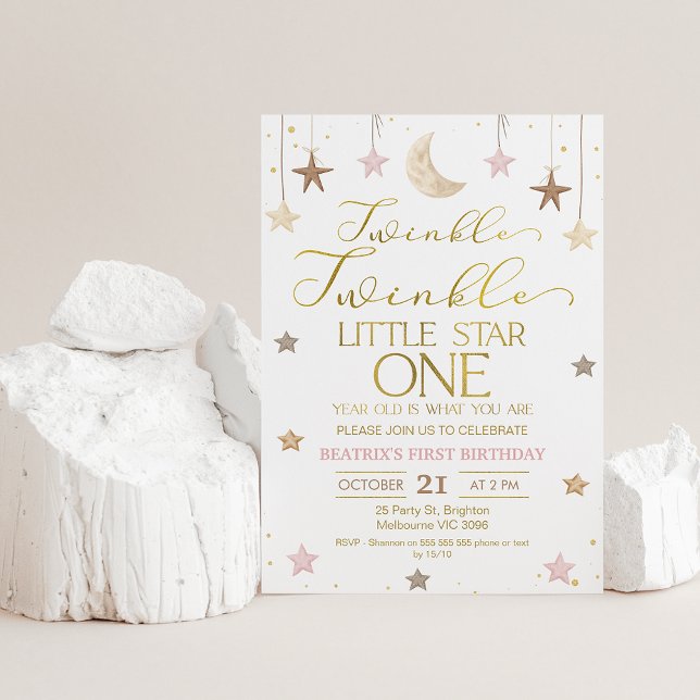 Invitación Pink Gold Twinkle Twinkle Little Star Birday (Twinkle twinkle little star first birthday invitation for baby girl featuring some faux gold text.)
