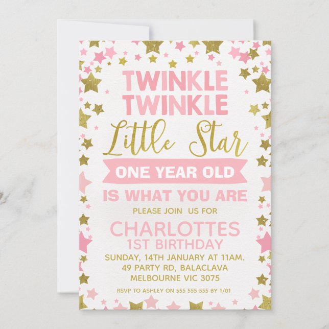 Invitación Pink Gold Twinkle twinkle Little Star Birday (Anverso)