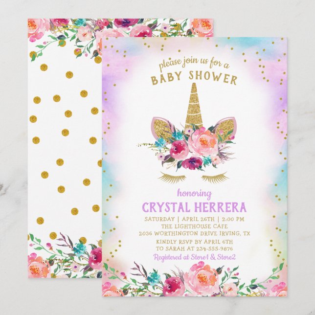 Invitación Pink & Gold Unicorn Hermoso Baby Shower Floral (Anverso / Reverso)
