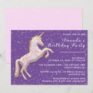 Invitación Pink Gold Unicorn Horse Birse day Confetti Purple