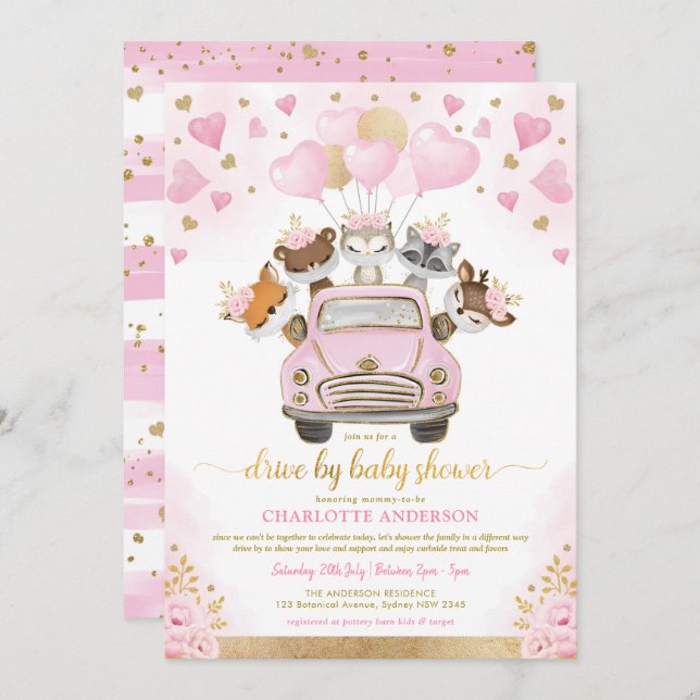 Invitación Pink Gold Valentines Woodland Drive Por Baby Showe (Anverso / Reverso)