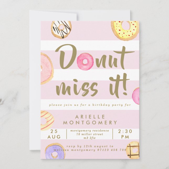 Invitación Pink & Gold Watercolor Donuts Fiesta de cumpleaños (Anverso)