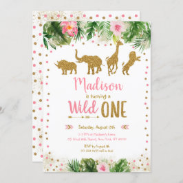 Invitación Pink & Gold Wild One Safari primer cumpleaños