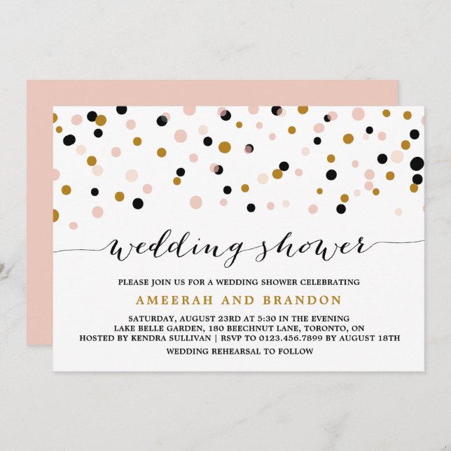 Invitación Pink, Gold y Black Confetti Dots Wedding Ducha (Anverso / Reverso)