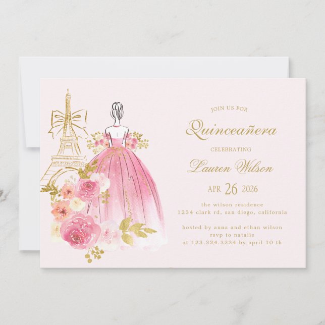 Invitación Pink Golden Floral Paris Chic Quinceanera (Anverso)