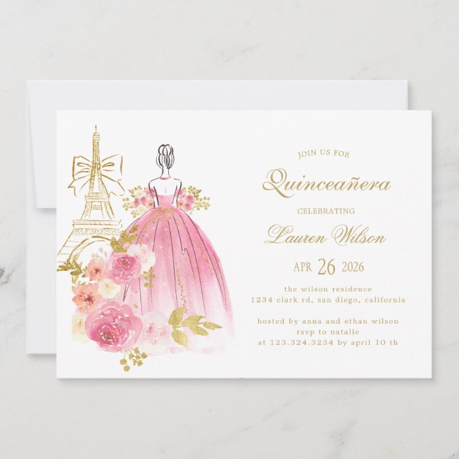 Invitación Pink Golden Floral Paris Chic Quinceanera (Anverso)