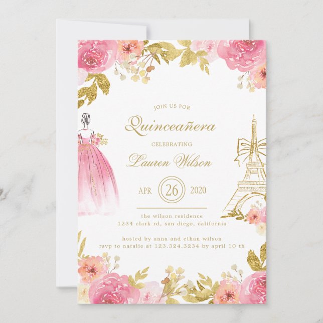 Invitación Pink Golden Floral Paris Chic Quinceanera (Anverso)