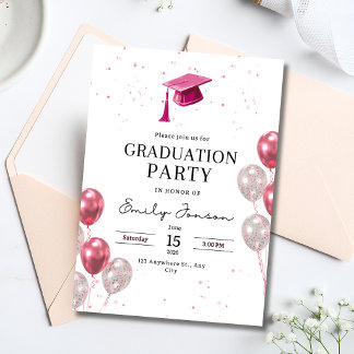 Invitación Pink Graduation Party Girls Balloons Modern Grad