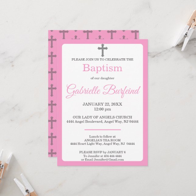 Invitación Pink & Gray Cross Watercolor Baptism (Anverso/Reverso In Situ)