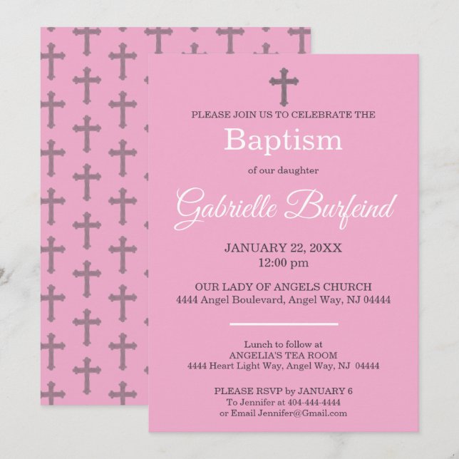 Invitación Pink & Gray Cross Watercolor Baptism (Anverso / Reverso)
