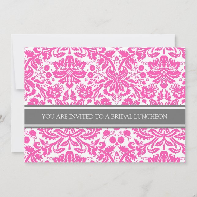 Invitación Pink Gray Damask Bridal Lunch Invitation (Anverso)