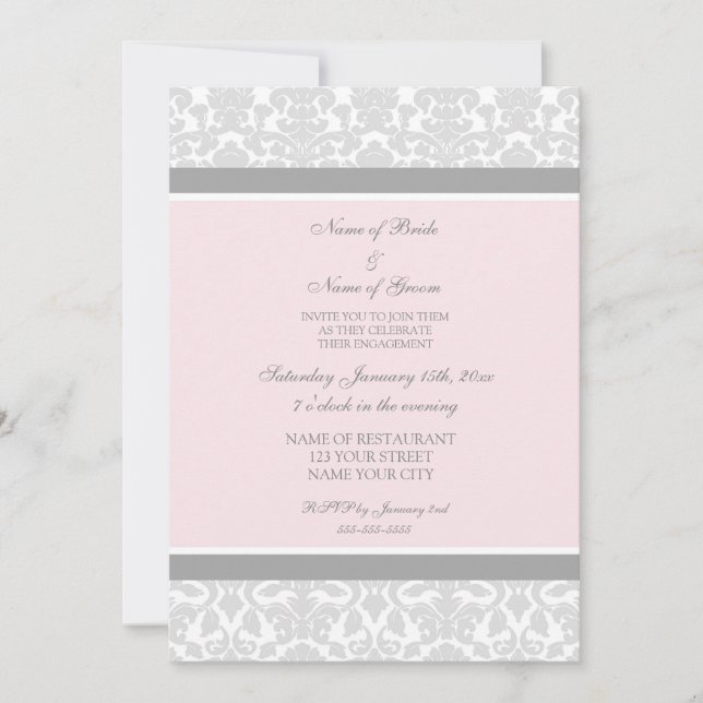 Invitación Pink Gray Damask Engagement Party Invitations (Anverso)