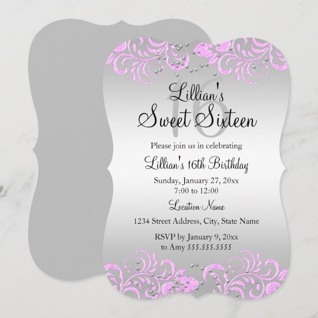 Invitación Pink Gray Floral Swirl Sweet 16 (Anverso / Reverso)