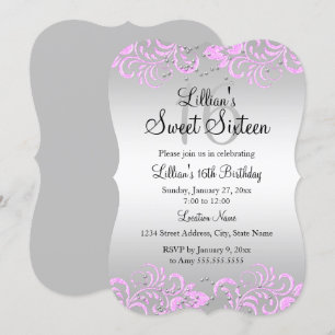 Invitación Pink Gray Floral Swirl Sweet 16