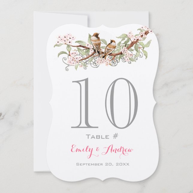 Invitación Pink Gray Green Love Bird Wedding Table Number (Anverso)
