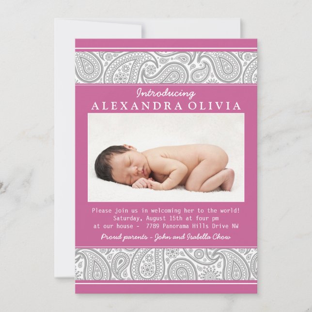 Invitación Pink Gray Paisley Photo Sip N Ver Baby Shower (Anverso)