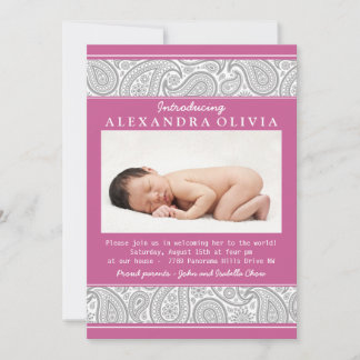 Invitación Pink Gray Paisley Photo Sip N Ver Baby Shower