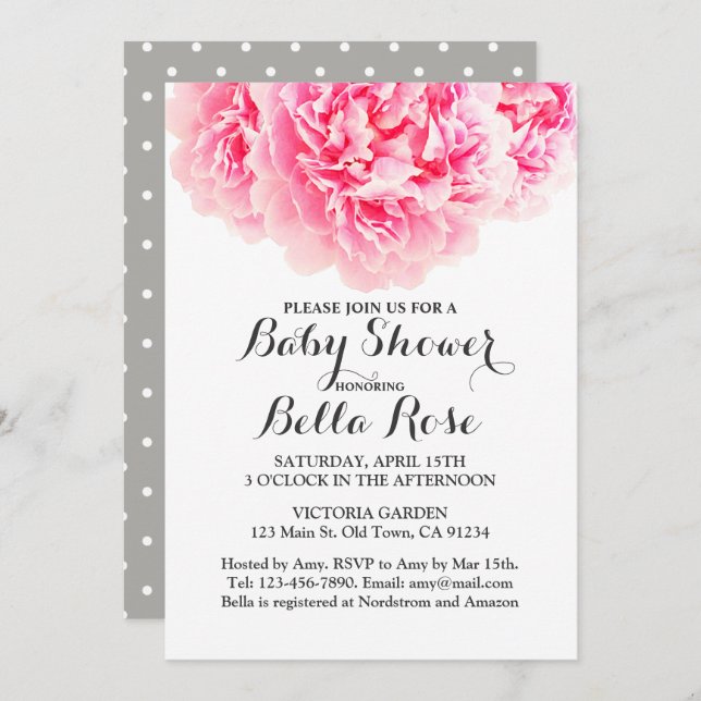 Invitación Pink Gray Peony Baby Shower invita (Anverso / Reverso)