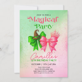 Invitación Pink & green Bow magical Girl Birthday Party