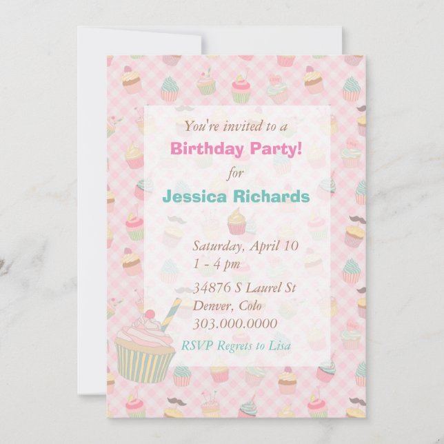 Invitación Pink Green Gingham Cupakes Birday Party (Anverso)