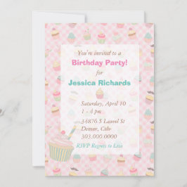 Invitación Pink Green Gingham Cupakes Birday Party