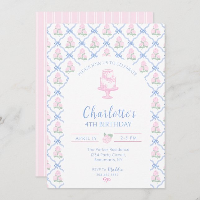 Invitación Pink Green Hydrangea Blue Bow Trellis (Anverso / Reverso)