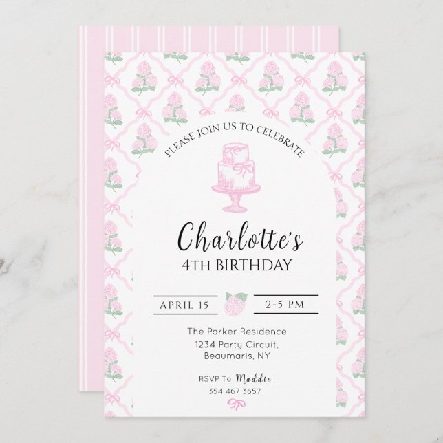 Invitación Pink & Green Hydrangea Trellis with Bows (Anverso / Reverso)