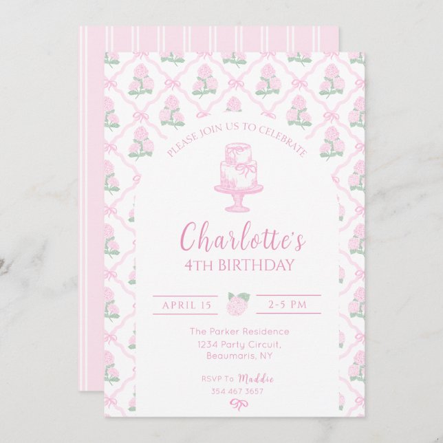 Invitación Pink & Green Hydrangea Trellis with Bows (Anverso / Reverso)