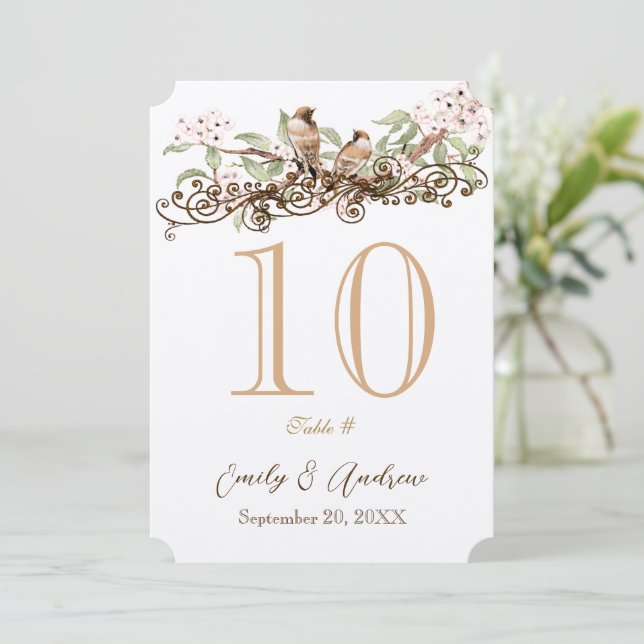 Invitación Pink & Green Love Birds Wedding Table Number Card (Anverso de pie)