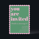 Invitación Pink Green Modern 21st Scalloped Birthday Party<br><div class="desc">This birthday invitation in in pink and green features bold typography paired with a playful scalloped border for a fun,  confident look. The bright color palette and modern layout feel celebratory without being fussy. A great choice for milestone birthdays,  cocktail-style parties,  or stylish adult celebrations.</div>