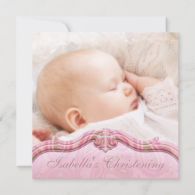 Invitación Pink Green Paisley Baby Photo Christening (Anverso)
