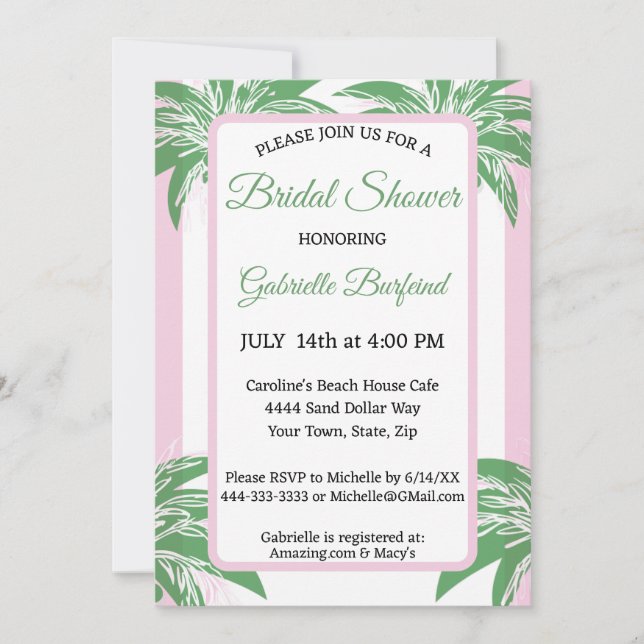 Invitación Pink & Green Palm Bridal Shower Tropical  (Anverso)