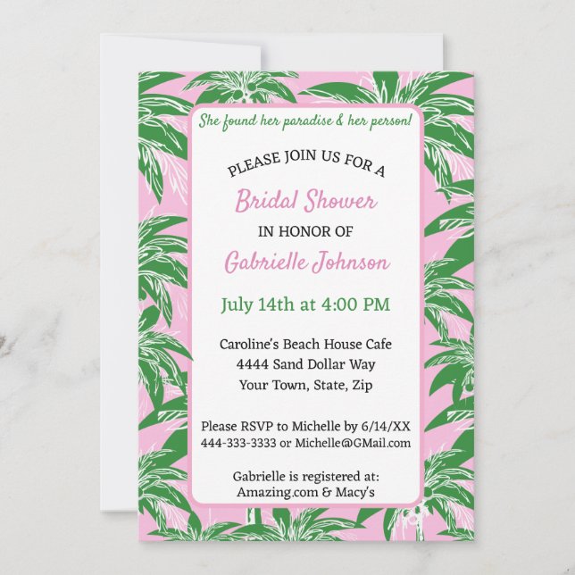 Invitación Pink Green Palm Tree Preppy Summer Shower Party (Anverso)