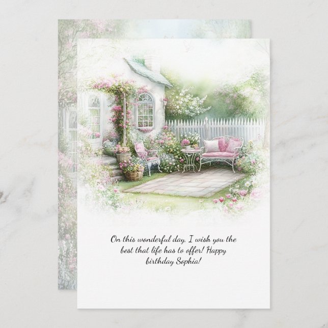 Invitación Pink Green Patio Garden Setting Birthday | (Anverso / Reverso)