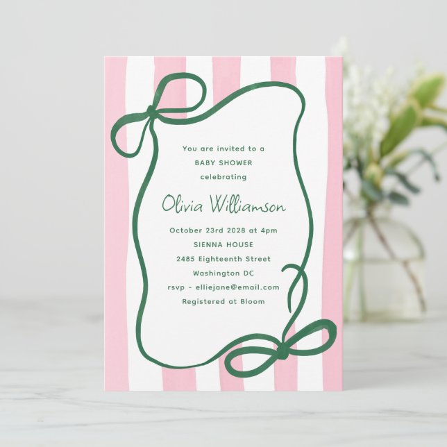 Invitación Pink Green Striped Bow Cute Baby Shower Whimsical (Anverso de pie)