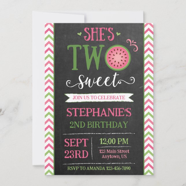 Invitación Pink Green Two Sweet Melon 2nd Birthday Invitation (Anverso)