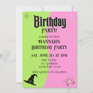 Invitación Pink/Green Witch Hat & Princess Crown Birthday