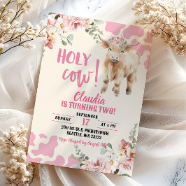 Invitación Pink Greenery Highland Cow Farm Chica Cumpleaños