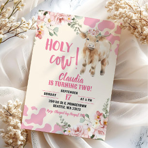 Invitación Pink Greenery Highland Cow Farm Chica Cumpleaños