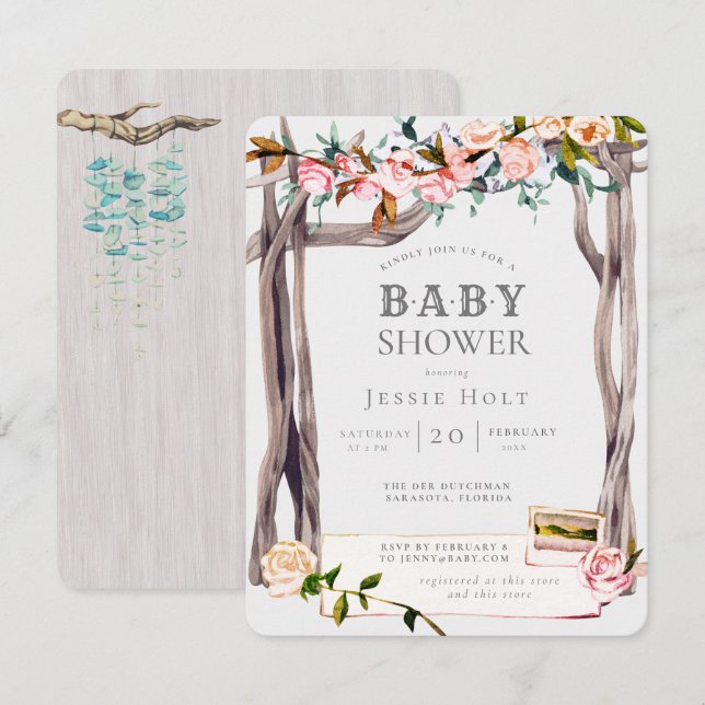 Invitación Pink & Grey Boho Coastal Beach Baby Shower (Anverso / Reverso)