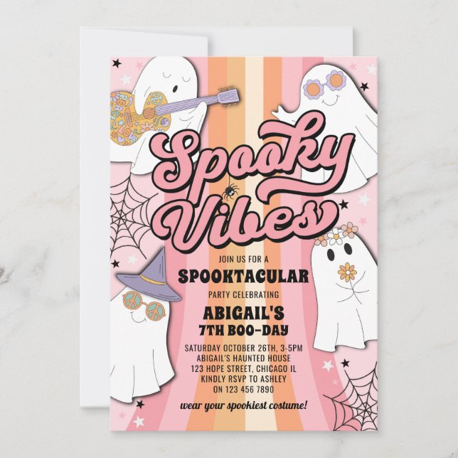 Invitación Pink Groovy Halloween Spooky Vibes Chica Cumpleaño (Anverso)