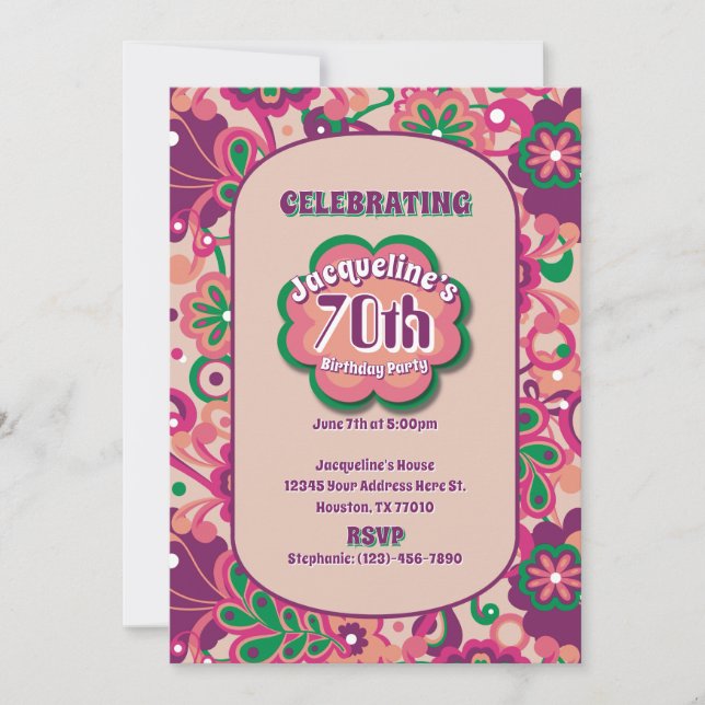 Invitación Pink Groovy Psychedelic años 60 s cumpleaños flora (Anverso)