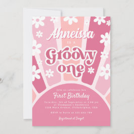 Invitación Pink Groovy Un Retro Rainbow Daisy Primer Cumpleañ